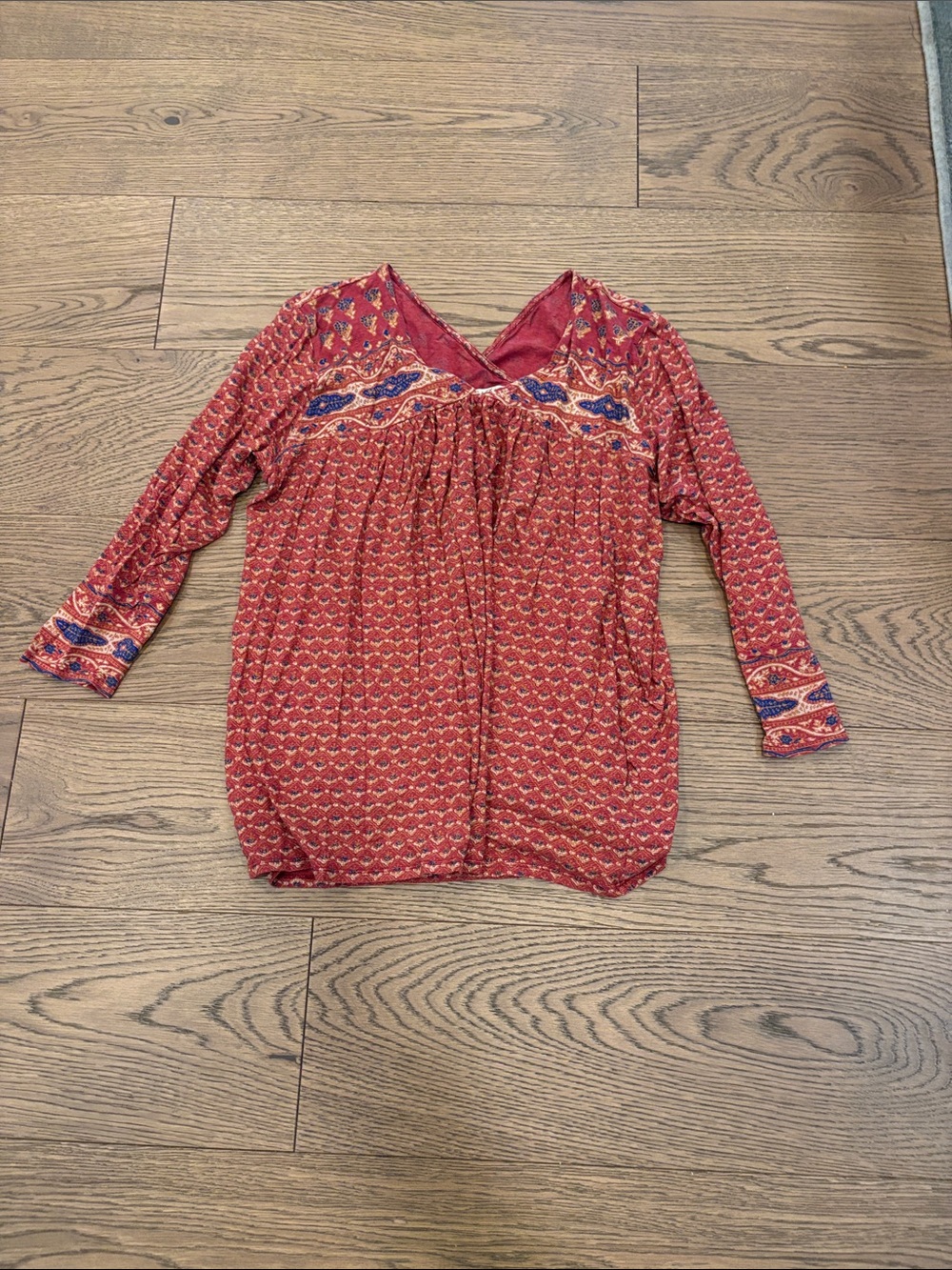 Lucky Brand Red Patterned V-Neck Peasant Tunic